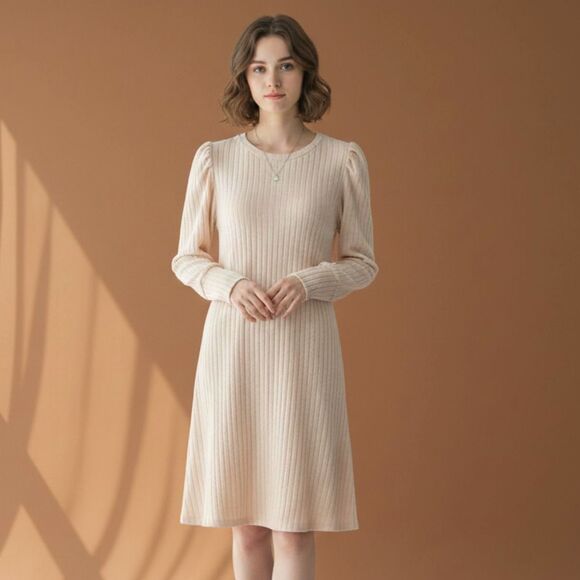 Dresses & Skirts - Women's Elegant Long-Sleeve Ribbed Knit Midi Fit & Flare Cream Spring Dress S